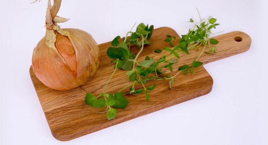 Cebolla y hierbas frescas en tabla de madera