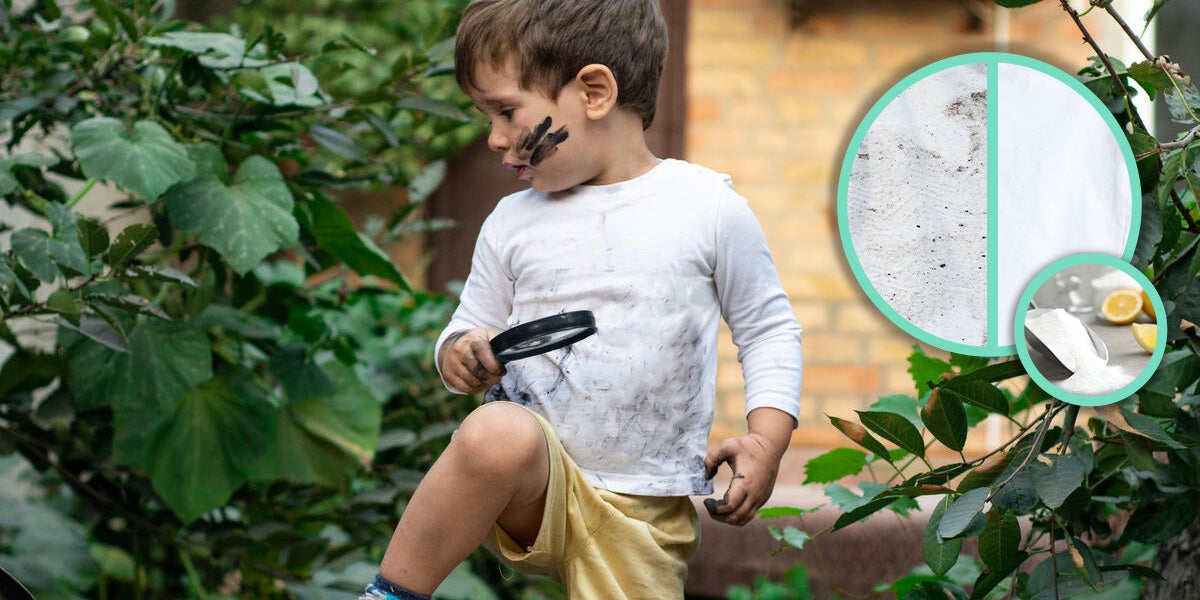 Mezcla una cucharada de bicarbonato con un par de gotas de peróxido de hidrógeno. Con ayuda de una cuchara o cepillo de dientes, esparce la pasta sobre la mancha y déjala actuar por 30 minutos
