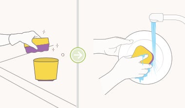 Aplica AXION Limón con una esponja sobre tus platos y utensilios de cocina para eliminar fácilmente la grasa difícil; restriega y enjuaga. 