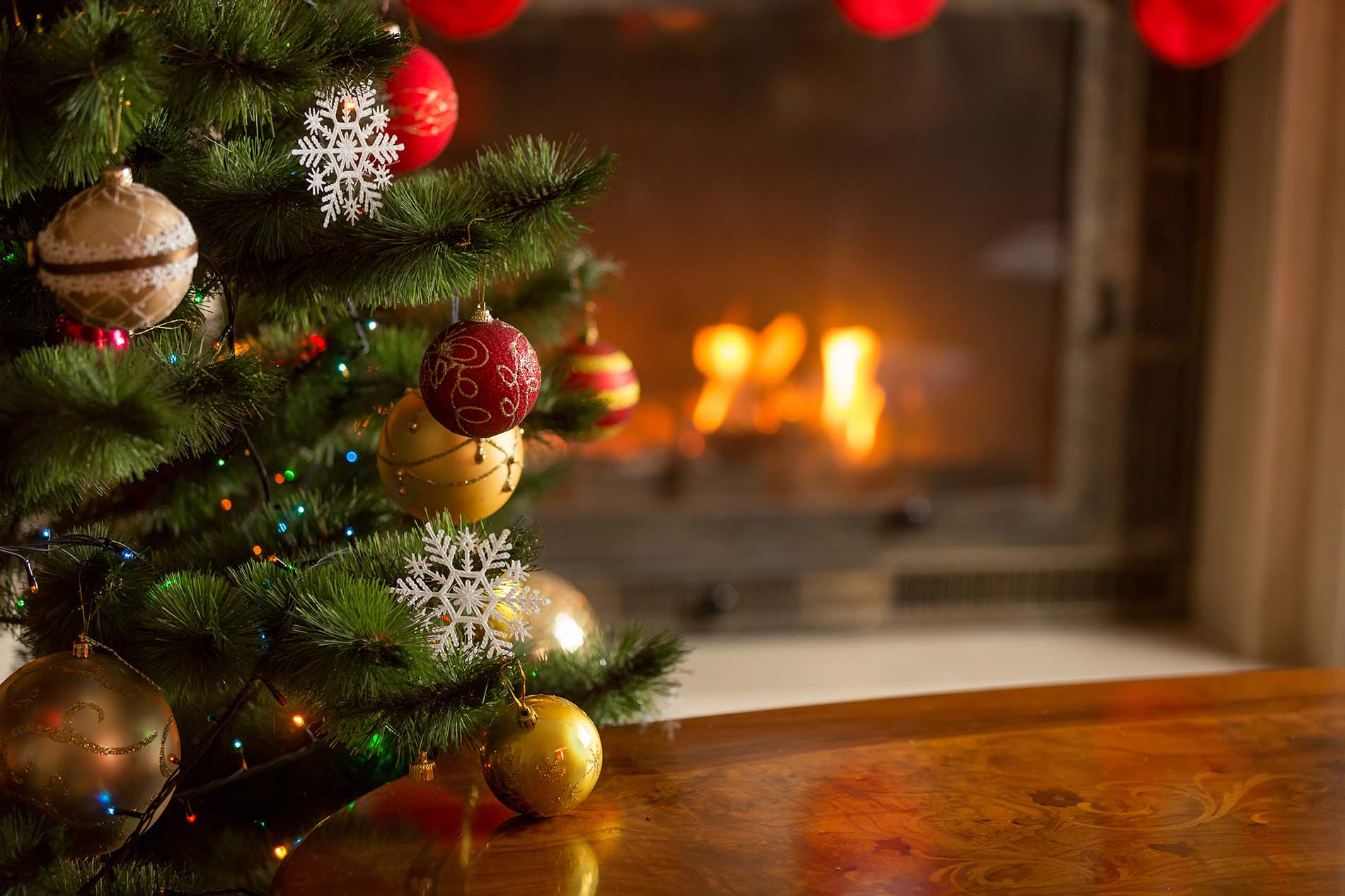 Arbol de navidad cerca a chimenea