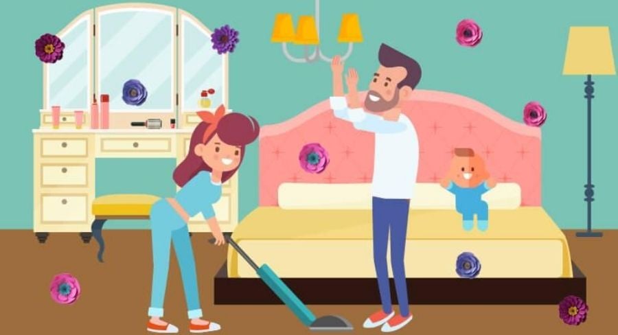 Familia limpiando y organizando la habitación