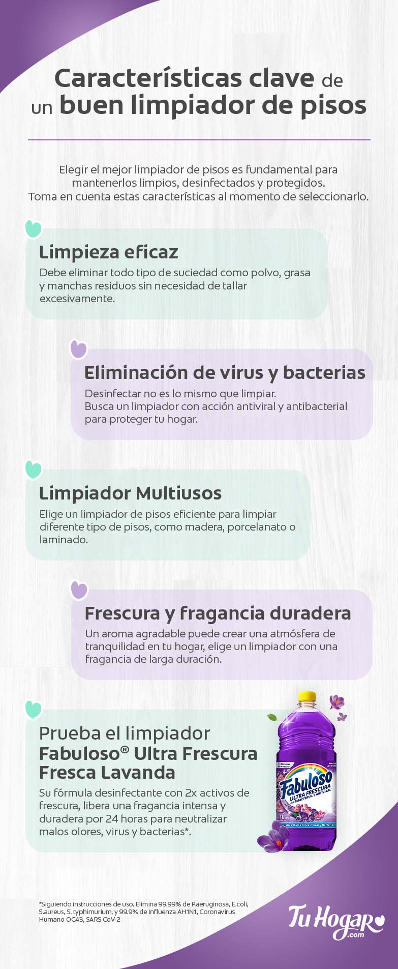 Infografía con características clave para elegir el mejor limpiapisos, incluyendo tipo de superficie, aroma y poder de limpieza