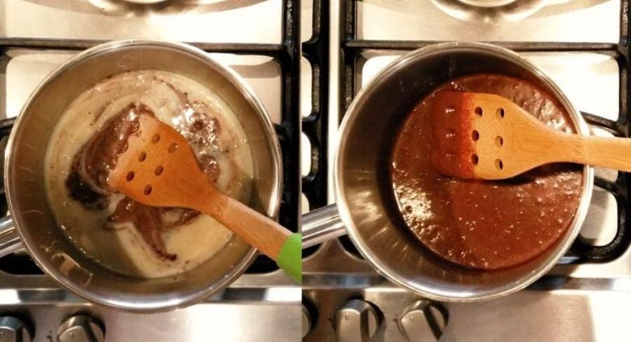 Ya agregados los dos ingredientes en la olla, sigue revolviendo constantemente hasta conseguir una mezcla homogénea. Una vez obtenida la mezcla retírala del fuego.