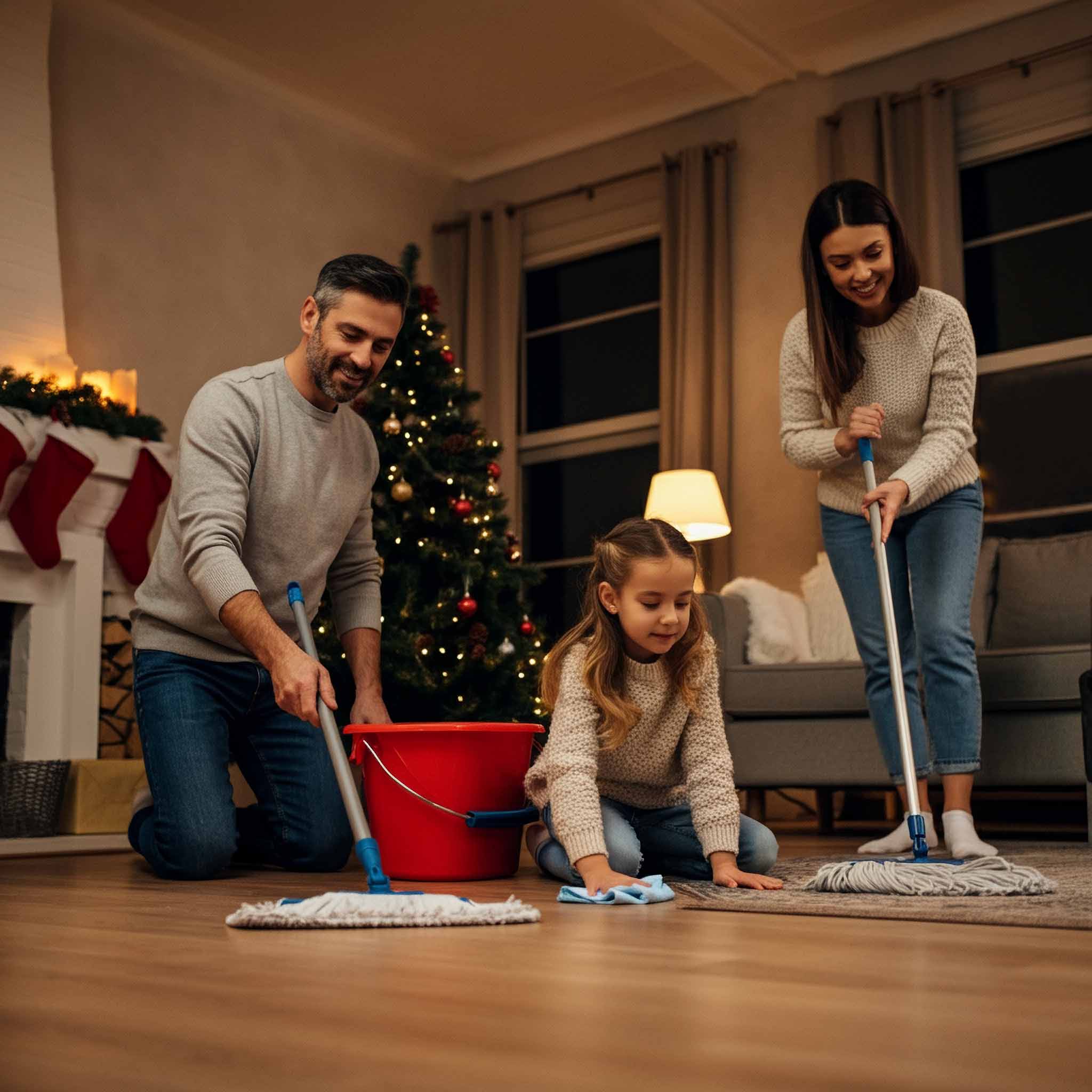 Familia limpiando el piso